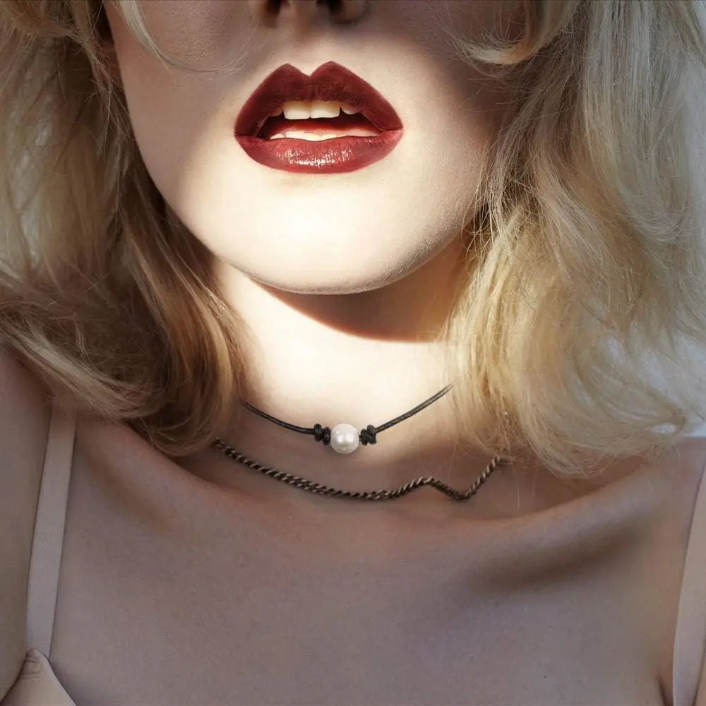 Pearl Choker Necklace on Black Leather Cord for Women & Girls