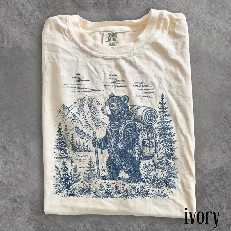 Vintage Hiking Bear Graphic Tee, Woodland Adventure Camping Shirt, Nature Lover Outdoor Top, Comfort Colors Wildlife Gift