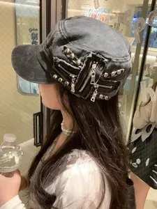 Grunge Punk Vintage Rivet Washed Flat Top Cap, Niche American Retro Beret Big Head Distressed Look Cap