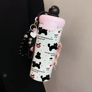 600ML Insulated Cup with Beaded Bracelet, Cherry Cat Pattern Stainless Steel Mug, Leak-Proof Durable Coffee Travel Cup, Drinkware, Flasks