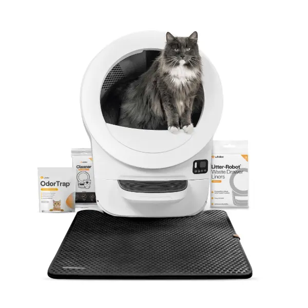 Whisker Litter-Robot EVO Bundle, Automatic Self-Cleaning Cat Litter Box, White, Compact Space-Saving Design, Advanced Odor Control, Includes Mat and Supply Kit