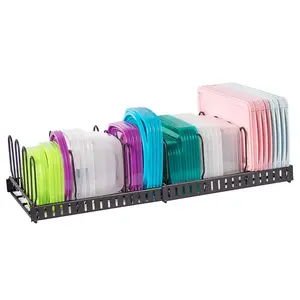 Expandable Food Container Lid Organizer,Large Capacity Adjustable Lid Organizer Rack with10 Detachable Dividers for Cabinets, Cupboards, Pantry，Black