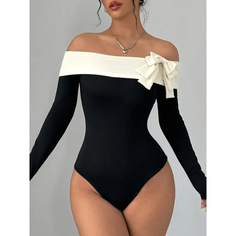 Chic Off-Shoulder Bodysuit with Bow Detail - Stretchy Polyester Blend, Long Sleeve, for Spring & Summer - Women's Fashion