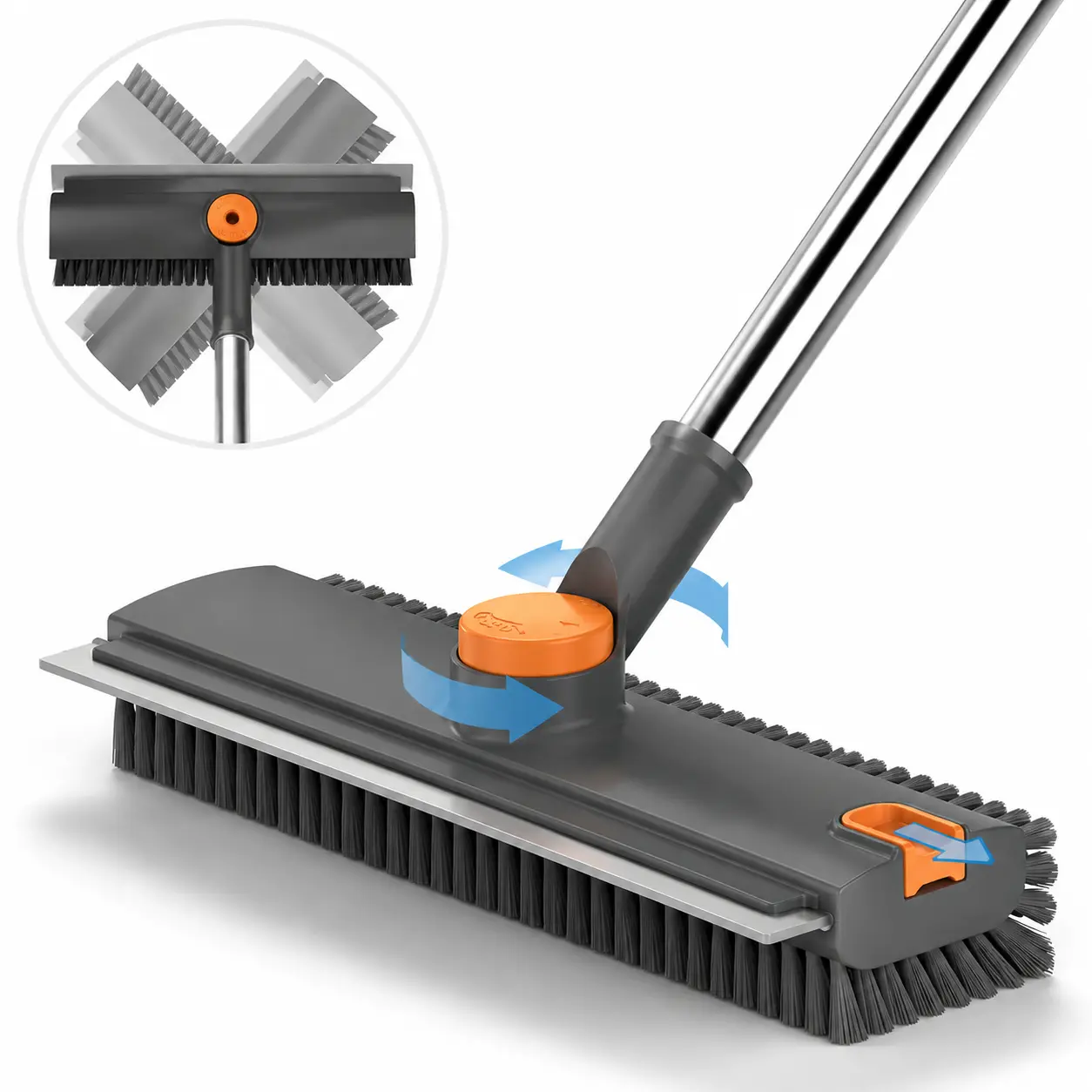 Multifunctional 3-in-1 Floor Scrub Brush with Long Handle, 360° Rotating Heavy-Duty Stiff Bristles, Built-In Squeegee for Scrape and Clean, Thorough Cleaning of Large Areas - Home Improvement Tool for Inflatable Pool, Bathroom