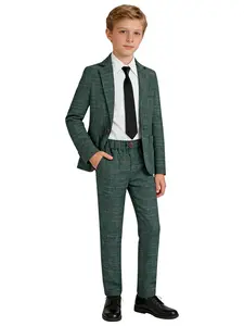 Boys Plaid 3-Piece Suit Outfit (Blazer + Pants + Bow Tie) | Slim Fit Formal Tuxedo with Elastic Waist | 3 Colors: Rust / Blue / Green Plaid | For Birthdays, Weddings, Performances & School Ceremonies (Shirt Not Included)-17182