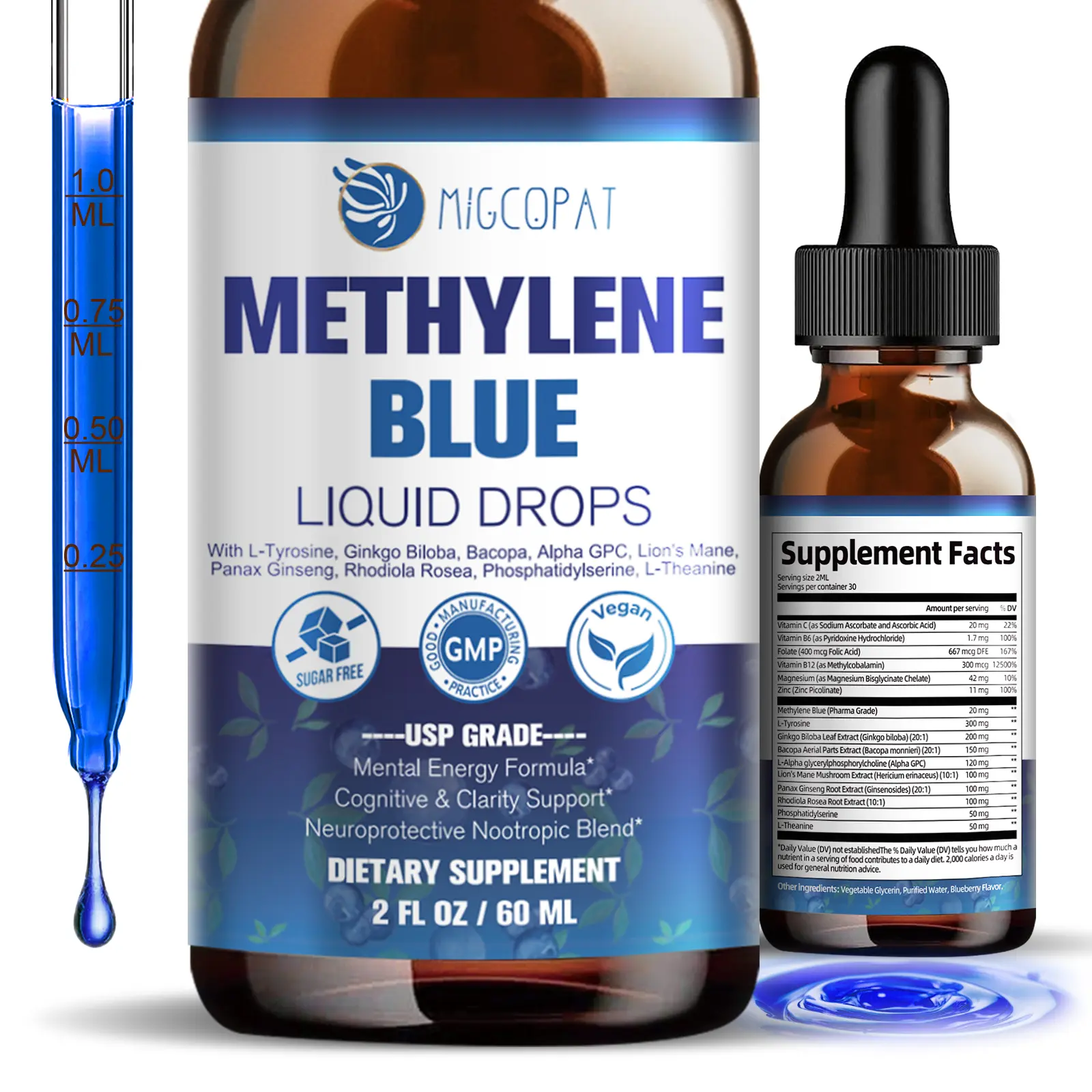 Migcopat Methylene Blue 2oz – USP Grade 1% with Alpha GPC, Lion’s Mane & Bacopa – Cognitive Support Supplement for Memory, Focus & Brain Health Healthcare Vitamin,60ml Glass Dropper Bottle #DealsForYouDays
