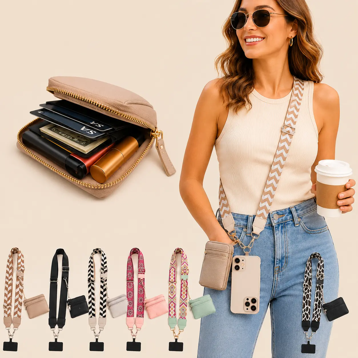 Stylish Phone Lanyard with Wallet for Women, Adjustable Crossbody Cell Phone Strap with Zipper Pouch, Detachable Wristlet, Practical Gift for Mom Wife Daughter Friend versatile use