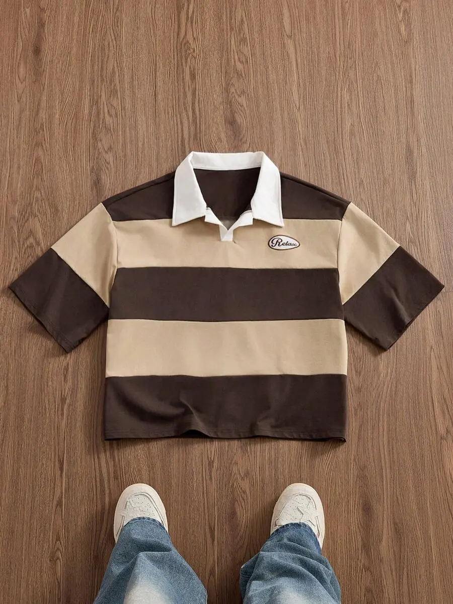 Woozie Men's Casual Loose Fit Short Sleeve Embroidered Polo Shirt Khaki for Summer Everyday Wear and Streetwear Fashion