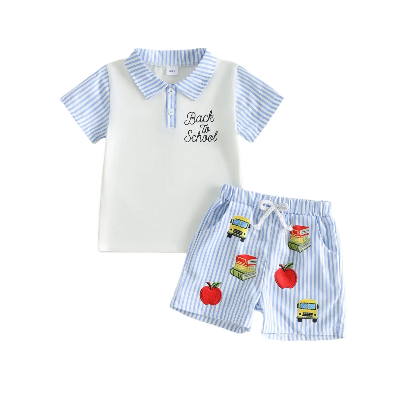 Canrulo Toddler Boys 2-piece Back To School Set Short Sleeve Button Collar Top With School-themed Embroidery + Striped Shorts