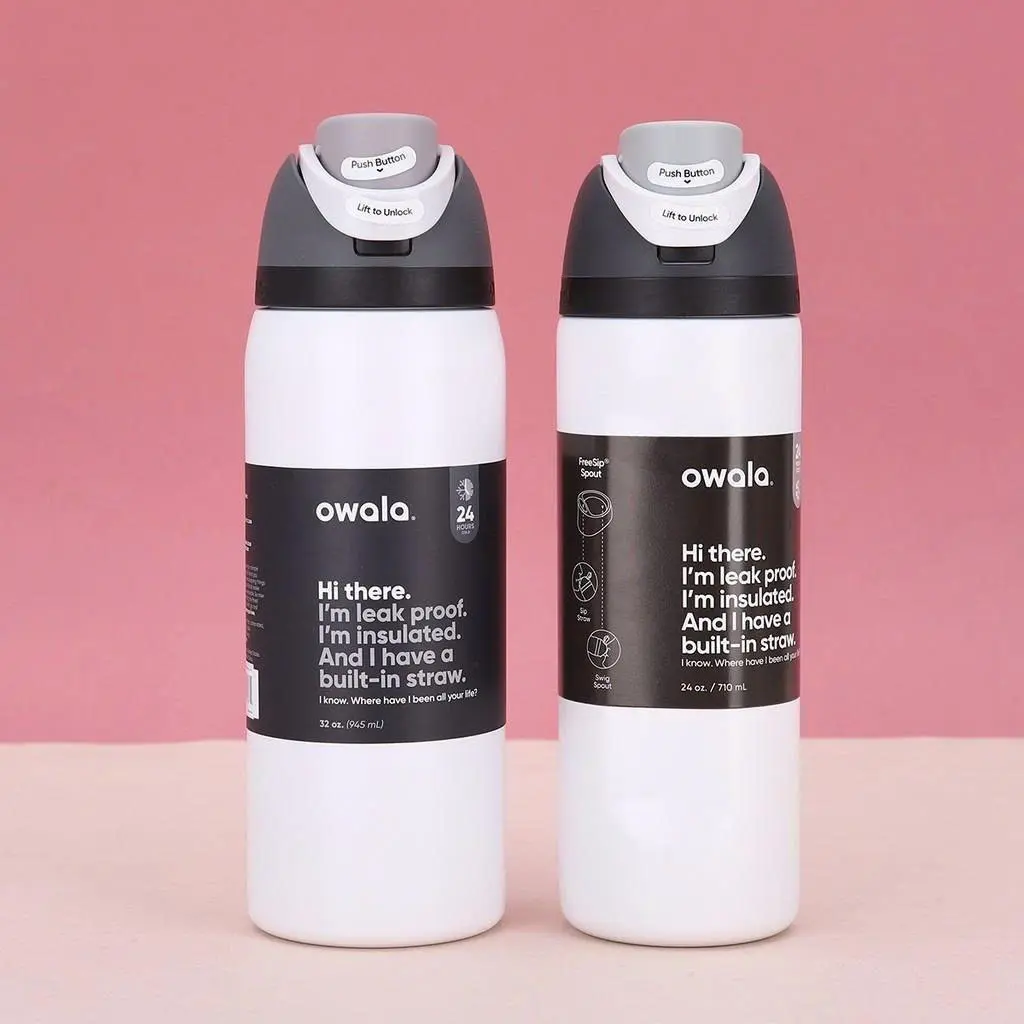 Owala FreeSip Stainless Steel Water Bottle with Straw – Minimalist White & Charcoal Grey Lid Edition