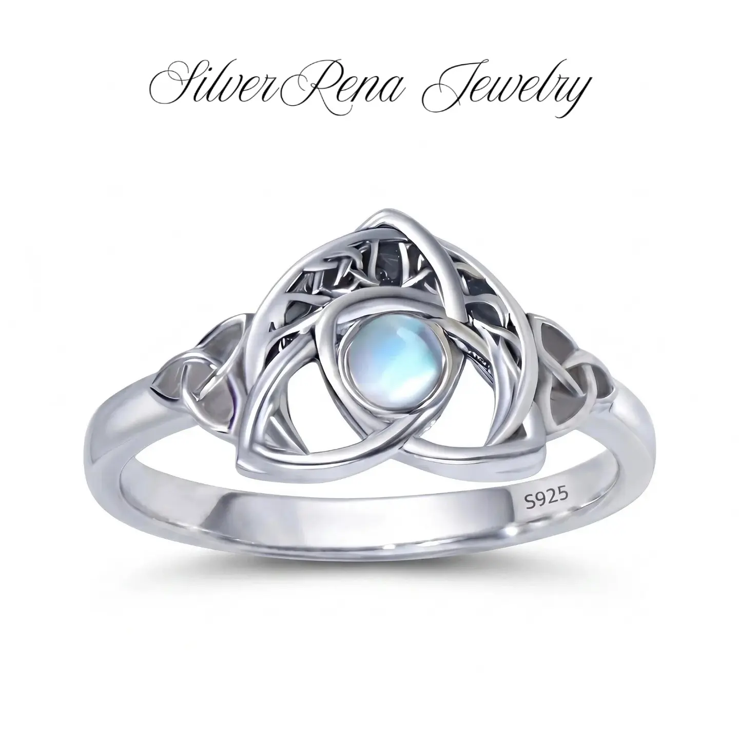 S925 Vintage Synthetic Moonstone Ring with Celtic Triple Knot Design, Elegant and Unique Moon Ring Jewelry for Women, Daily Wear and Party, Unisex Jewelry Gift for Her, Mother's Day Birthday Gift, Pagan Jewelry Protection Rina