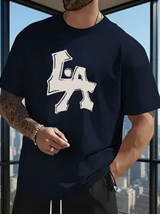 Men's La Letter Print Round Neck T-Shirt, Casual Short Sleeve, Comfortable Durable Fabric, All-Season Wear, Fitness Style