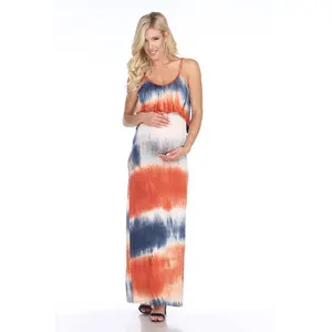 White Mark Malea Maxi Dress - MTR308TD-04-L, Orange & Navy, Large, Sleeveless Overlay Casual-Fit Maternity Top, Pregnant Women's Casual Maternity Clothing & Accessories