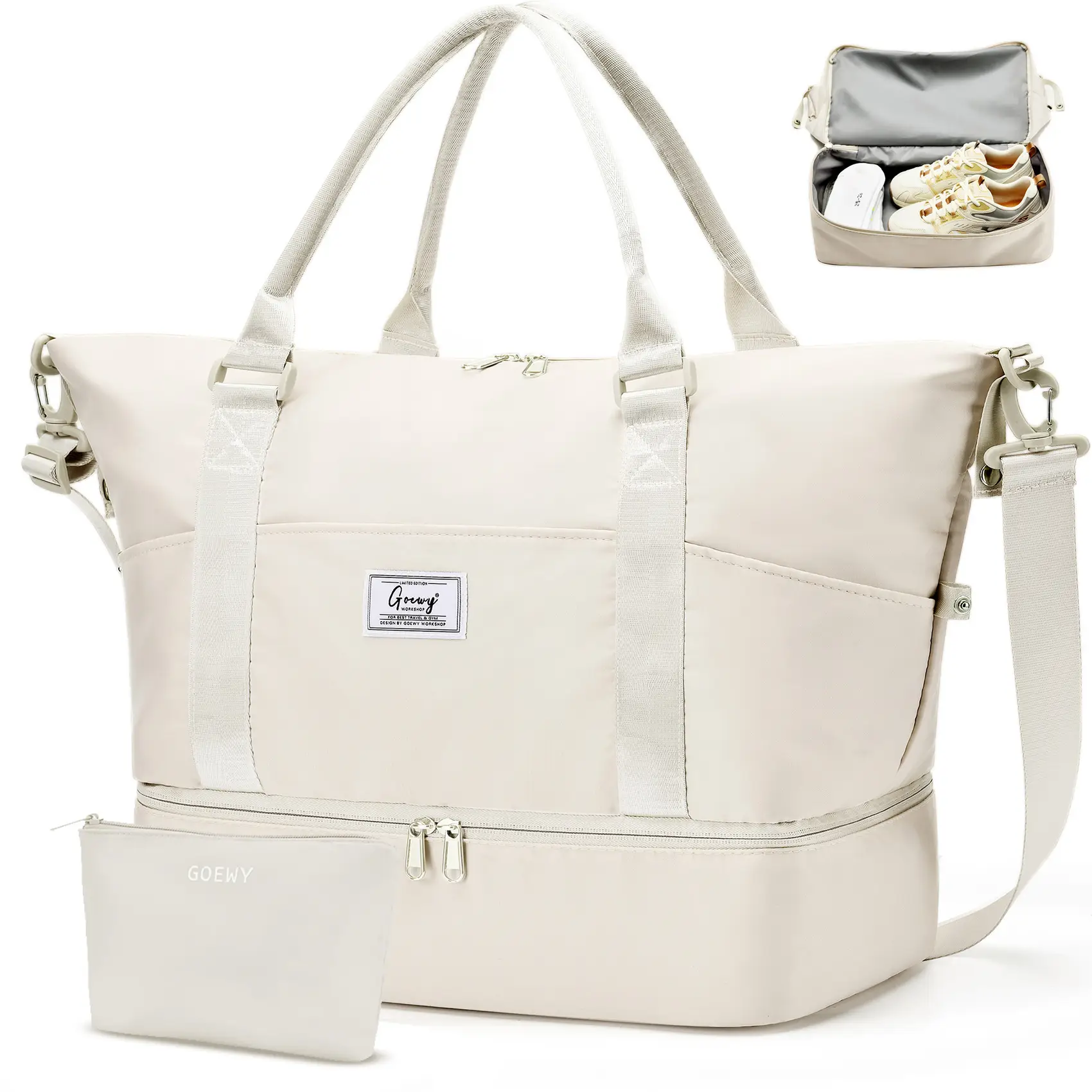 Women's Weekend Travel Bag: Multi-compartment overnight travel duffel bag that includes a small wash wet and dry separation bag/coin purse