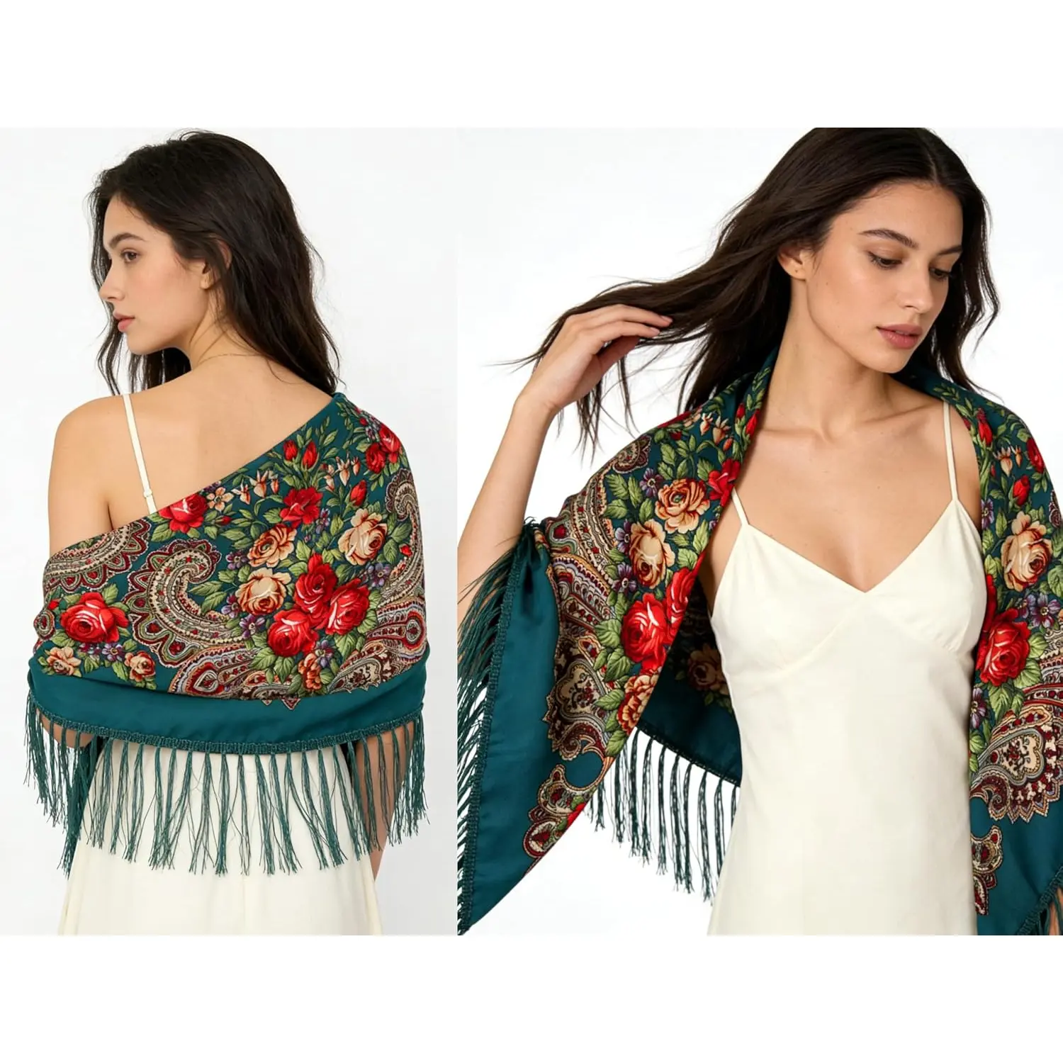Floral Square Shawl Tassel Wrap Scarf for Women