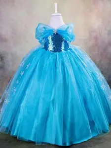 Kids' Glitter Sequin Decor Contrast Mesh Fit and Flare Dress, Elegant Round Neck Sleeveless Long Dress for Party Performance, Kids Clothes for All Seasons