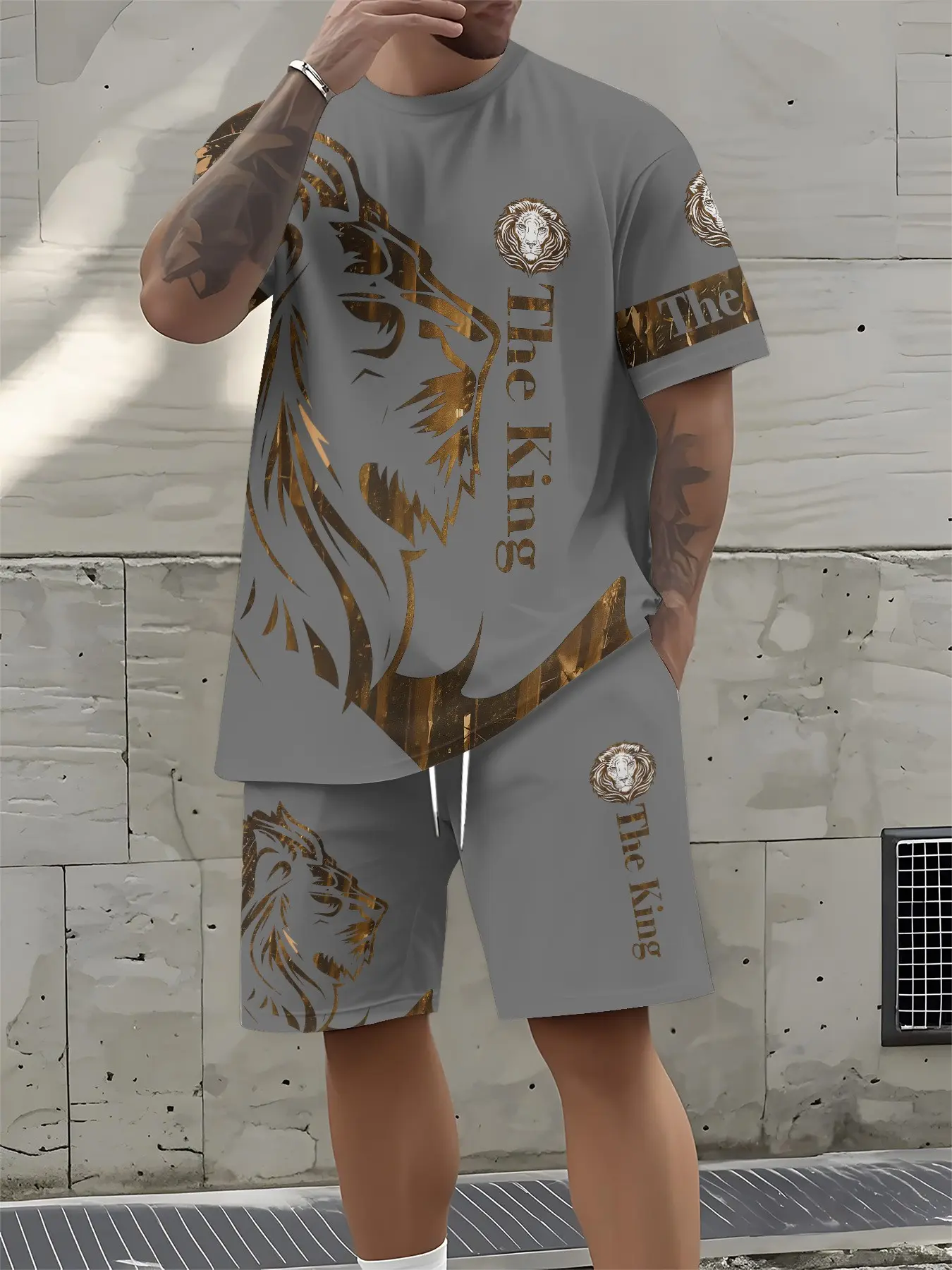 Men's Fashion Casual Short Sleeve Tee & Shorts Set, Graphic Print Lion, Natural Waist, Fitted H-Type, Two-Piece Sportswear Outfit