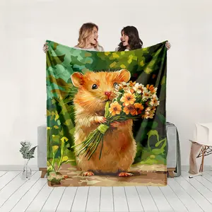 1 piece Cute hamster with a bouquet of flowers themed flannel blanket - Modern-style all-season flannel blanket, suitable for sofas and beds, super soft and comfortable, digital print design, 100% polyester material, machine washable, ideal for