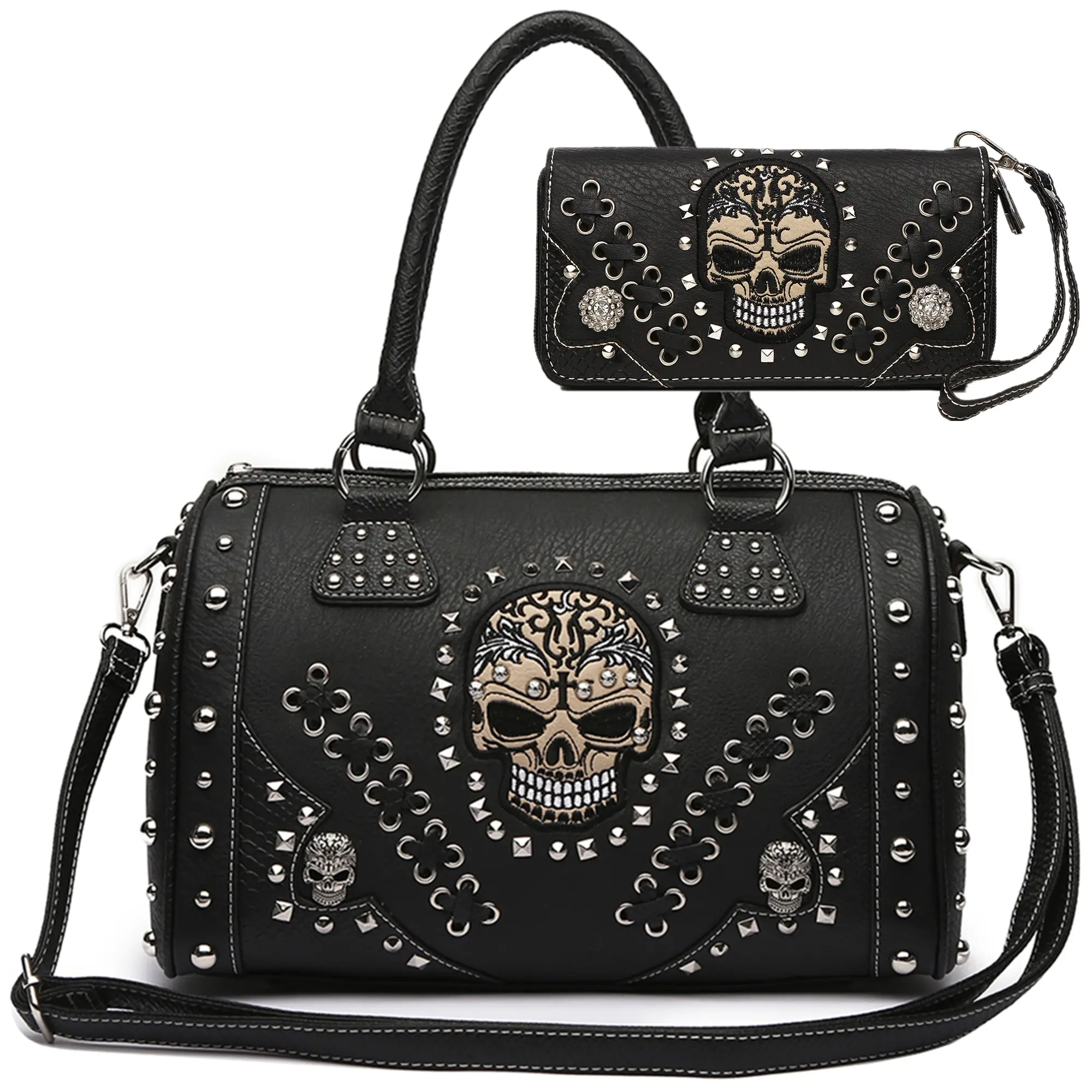 Skull Studded Gothic Barrel Handbag & Wallet Set Faux Leather Purse trending crossbody bags