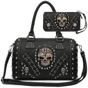 Skull Design Handbag & Wallet Set - Black Leather with Studded Details and Floral Embellishments