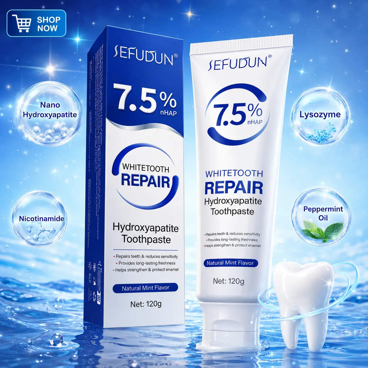 SEFUDUN 7.5% Nano Hydroxyapatite Toothpaste, Enamel Repair & Remineralizing, Gentle Non-Irritating Daily Oral Care, Natural Mint Flavor, Fluoride Free, Stain Reduction for Coffee Tea Stains
