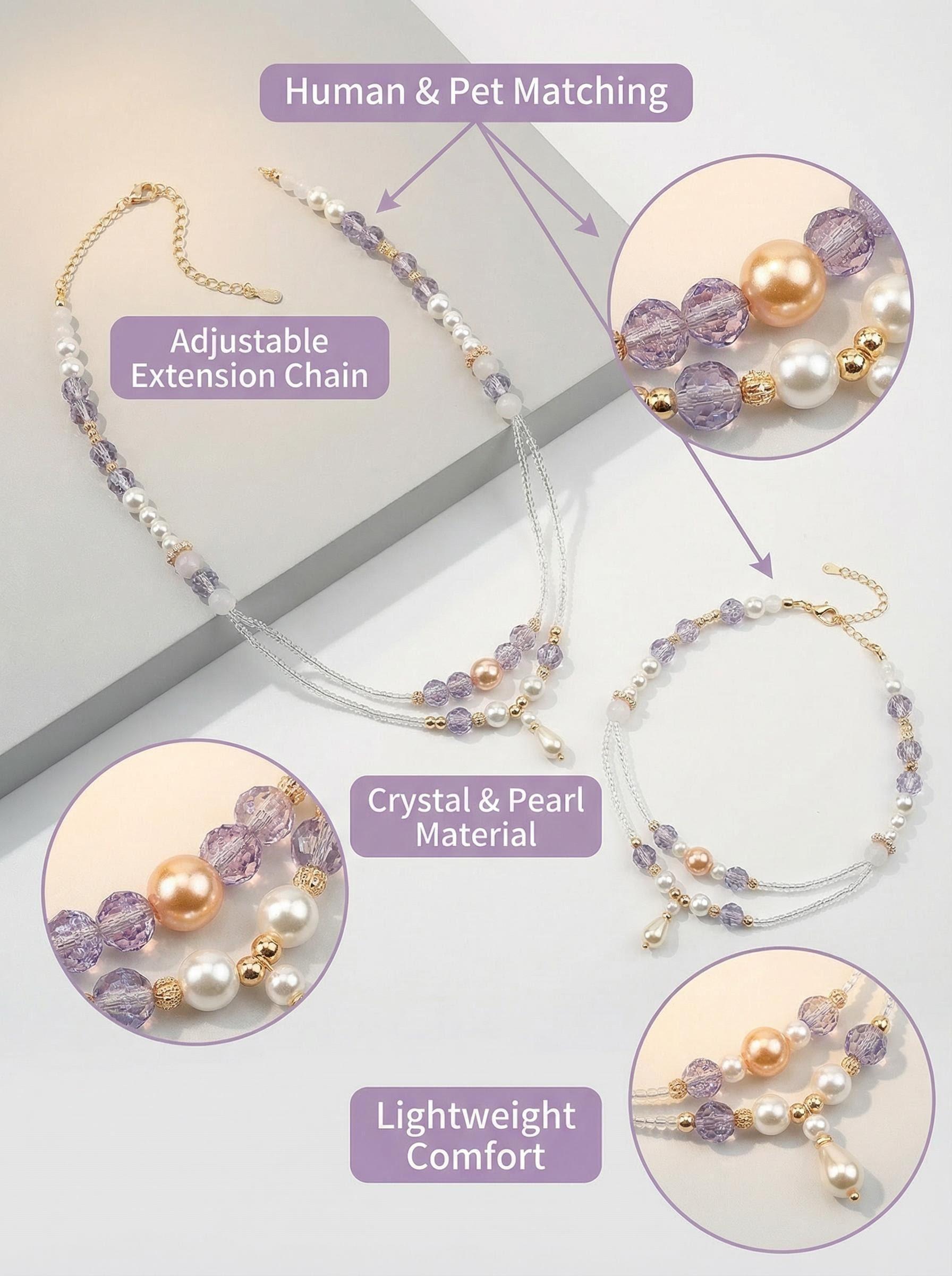 Purple Sakura & Fluffy Whisper Adjustable Pearl Necklace for Owner and Pet Wear