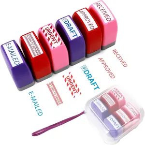 Self Inking Stamp Set 6 Pack - Red & Blue Ink for Office Documents, Pre-Inked Rubber Stamps (Received, Approved, Urgent, Draft), Durable Rubber Stamps for Paperwork Emails & Records