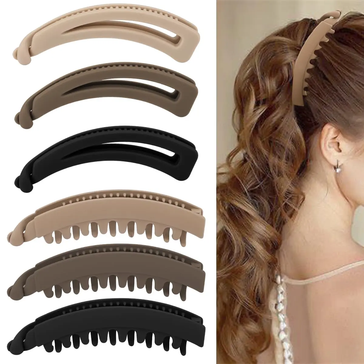 Women's Matte Acrylic Solid Elongated Sprout Banana Jaw Clips (6PCS) - Medium Strong Hold Female Everyday Hair Accessories for Ponytails, Buns, Thick-Thin Locks