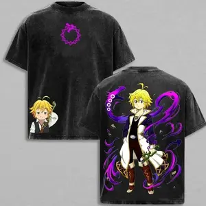 Men's Meliodas Vintage Washed Oversized Heavy Cotton Casual Short-Sleeve T-Shirt, Retro Manga Hero Graphic Streetwear, Distressed Menswear Gift for Anime Fans, Shortsleeve 4VS