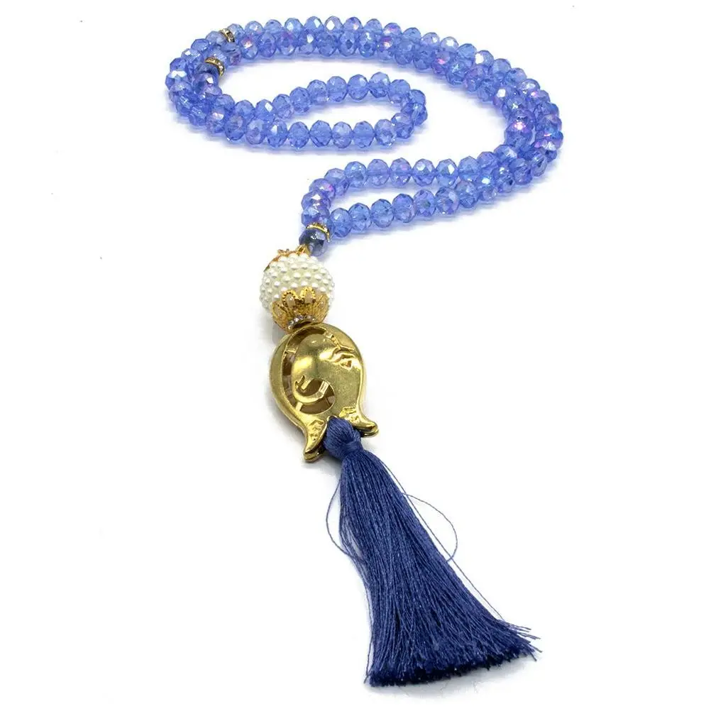 Islamic Tesbih Acrylic Crystal Cut Prayer Beads with Tulip Tassel 99 Count - Light Blue