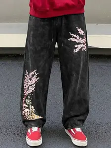 Men's Washed Vintage Drawstring Pants, Casual Fitted Long Trousers, Random Print, All Seasons Wear, Comfortable and Stylish