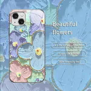 Suitable for [iPhone 15 Plus] Creative colorful retro oil painting flower mobile phone case protective cover new electroplating silver frame glass anti-fall mobile phone case affordable anti-fingerprint-975