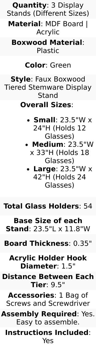 Set of 3 Champagne Wall Glass Holder 24", 33", 42" Green