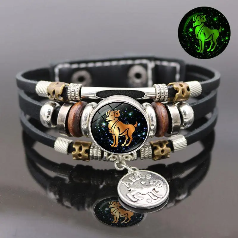 Glow-in-the-Dark 12 Zodiac Signs Bracelet - Handcrafted Multi-Layer Beaded Leather Unisex Jewelry, Love-Focused Daily Wear, Valentine's Day Gift for Festive & Party Supplies (Aries, Cancer, Gemini, Sagittarius Included)