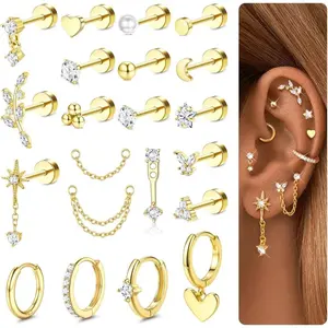 CASSIECA 21Pcs Piercing Ear Surgical Steel Helix Piercings Gold Silver Hoop Earrings Stud Set Cartilage Earrings Tragus Conch Helix Piercing Ear Jewelry