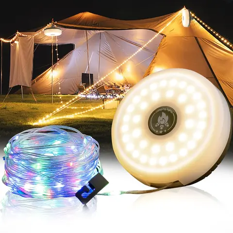 4-in-1 Outdoor Camping String Lights - 32.8ft RGB Effect, 8 Light Modes, Waterproof, Type-C Fast Charge, 7.1oz Portable Lanterns for Camping, Emergencies