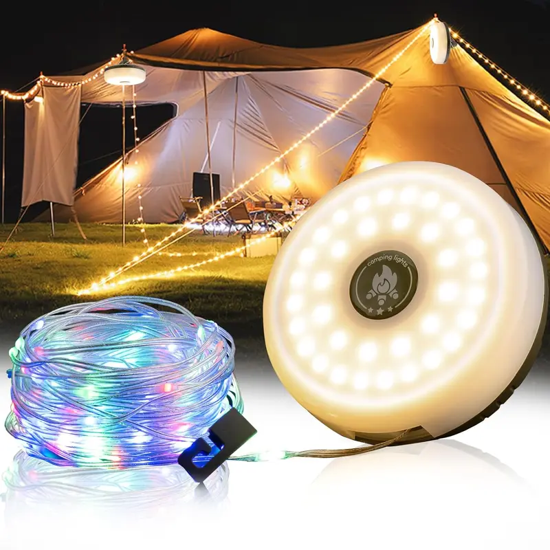4-in-1 Outdoor Camping String Lights - 32.8ft RGB Effect, 8 Light Modes, Waterproof, Type-C Fast Charge, 7.1oz Portable Lanterns for Camping, Emergencies