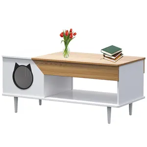 Garvee 45'' Wooden Rustic Coffee Table with Storage Drawer and Hidden Multifunctional Cat House or Kitty Litter Box Furniture, Available in White and Black, Ideal for Living Rooms