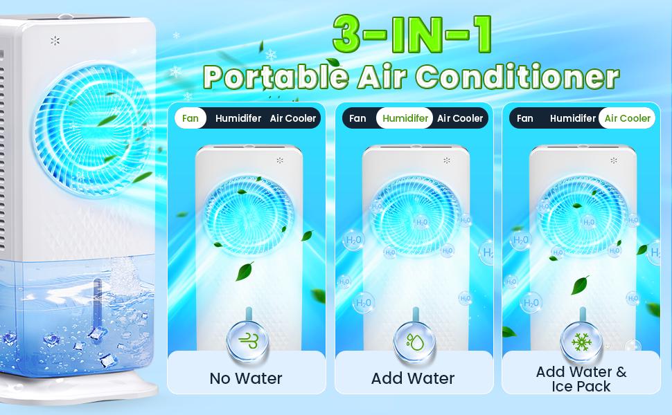Windowless Portable Air Cooler Fan - 3 Fan Speeds, 3 Cooling Modes, 1.5 Gal Water Tank, Oscillation Function, Remote Control (Household Home Appliance)