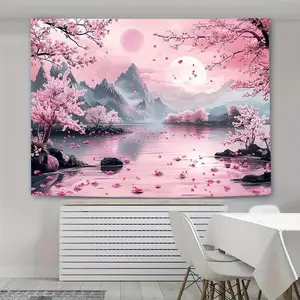 1pc Peach Blossom Forest Tapestry - 85gsm Polyester Wall Hanging with Pink Cherry Blossoms, Serene Mountain Lake Scene, Ideal for Living Room Decor, Indoor Use Only, Indoor Wall Decor |       Tranquil Landscape |       Durable Decor Fabric, Cherry Blossom