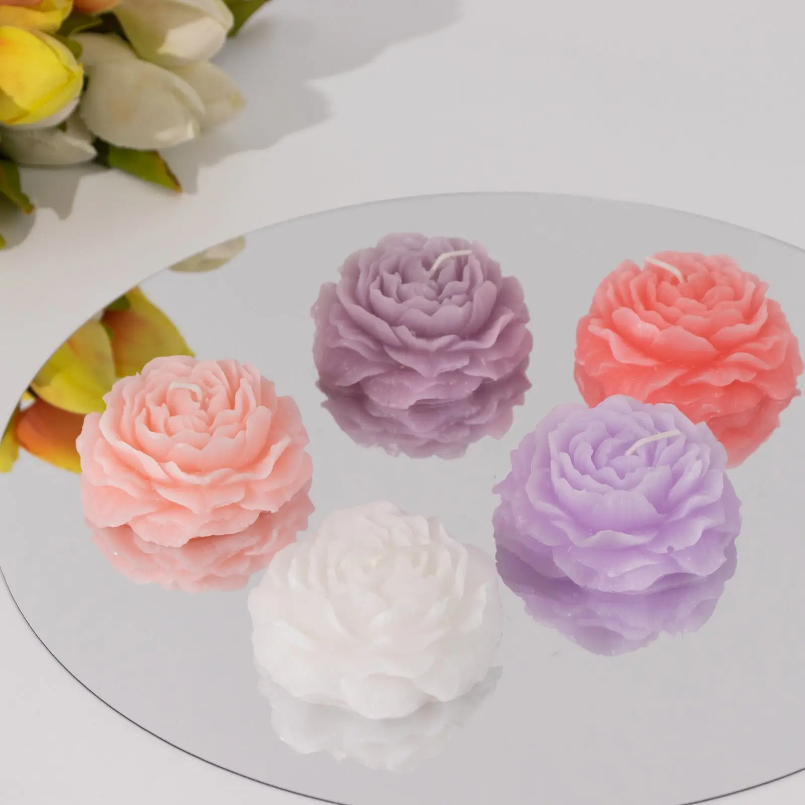 5-Pack Floral Peony Scented Candles - 3 inches Decorative Floating Wax, Assorted Colors, Gift Boxes & Ribbons, Home Decor Supplies for Weddings, Churches, Decoration Party Favors, Five Pieces
