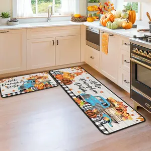 Fall Kitchen Rugs and Mats for Floor, Fall Decorations for Home, 2 Pcs Non-Slip Backing Pumpkin Mat, Fall Decor Autumn Thanksgiving Kitchen Rug Sets with Runner 17"x47.2"+17"x30