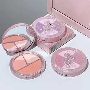 Bear Knight Three-Color Blush Palette, Natural Finish, Formaldehyde-Free, Includes Mirror, Perfect for Commuting, Single Item, Beauty Cosmetics