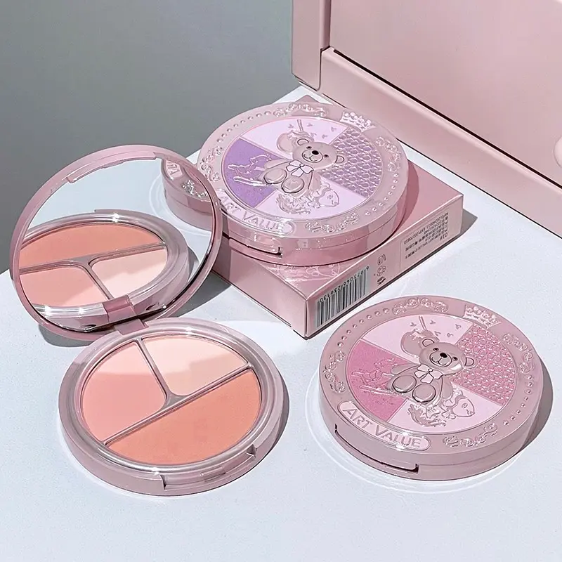 Bear Knight Three-Color Blush Palette, Natural Finish, Formaldehyde-Free, Includes Mirror, Perfect for Commuting, Single Item, Beauty Cosmetics