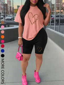 Summer New Short Sleeve Shorts Set, Sporty Heart Print, Comfortable Casual, Women's Two-Piece Outdoor Sports Wear