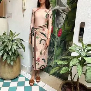 Summer New Beach Vacation 2 Piece Casual Pattern Printed Swimsuits Suits Fashion Slim Long Sleeve Bodysuit + Half Skirts Outfits