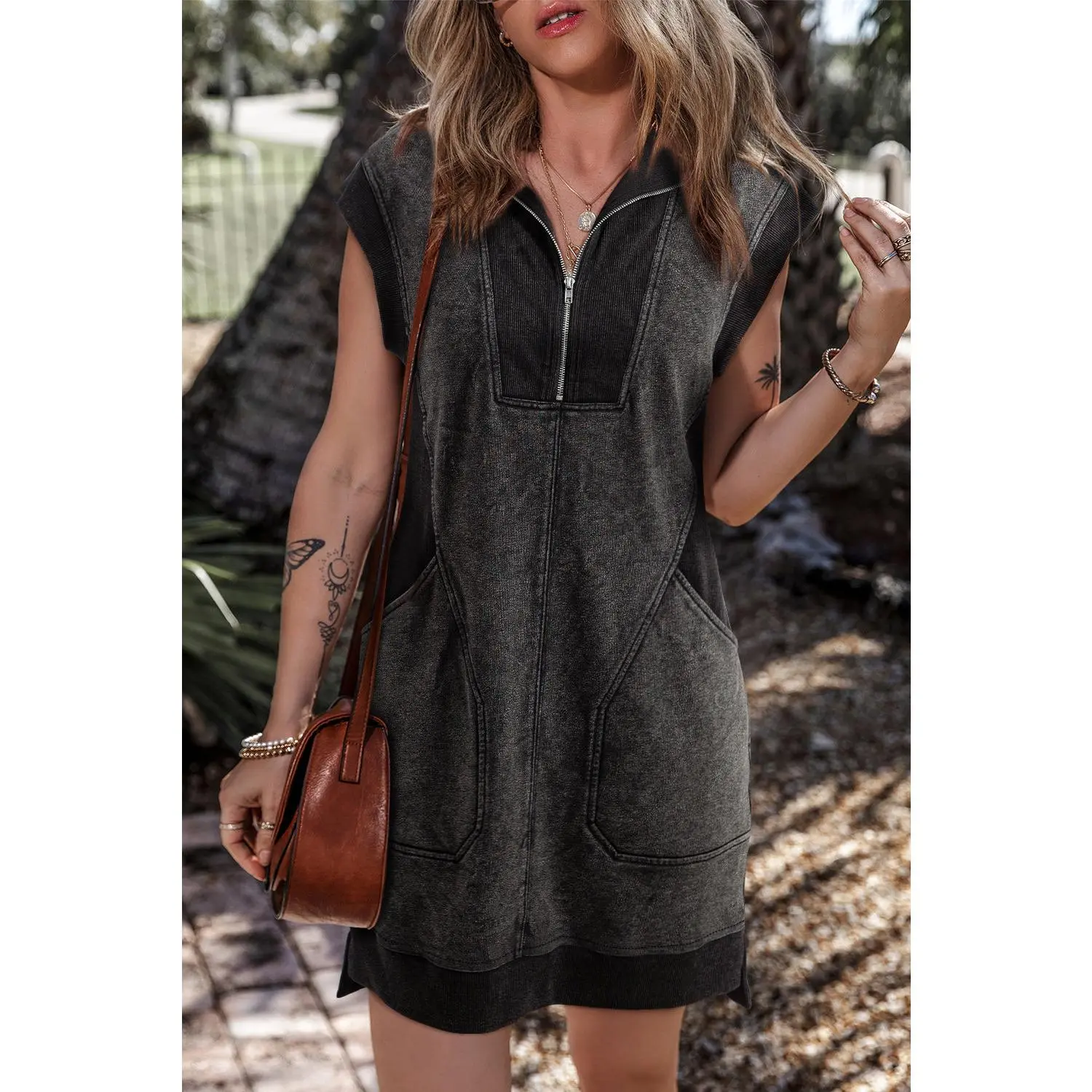 Quarter Zip Pocketed Cap Sleeve Sweatshirt Dress