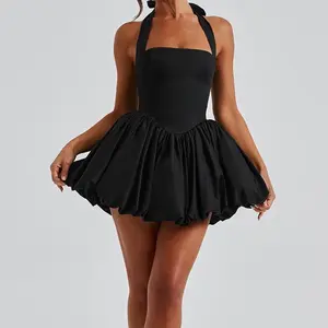 Women Sleeveless Halter Dress, Summer Casual Tie up Backless Corset Bubble, Party Dress for Beach Club Streetwear, Ladies Clothes for Indoor Outdoor Wear, Ladies Clothes for Daily Wear