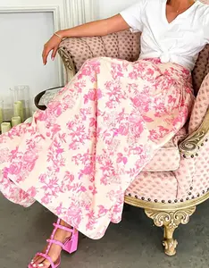 Vintage Floral High Waisted Pleated Maxi Skirt Elegant Boho Flowing Skirt for Women New Year Holiday Party Outfit