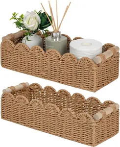 Toilet Paper Storage Basket Scalloped Decorative Basket for Countertop Handle Wicker Basket for Bathroom Decor Home Decor Living Room Neutral